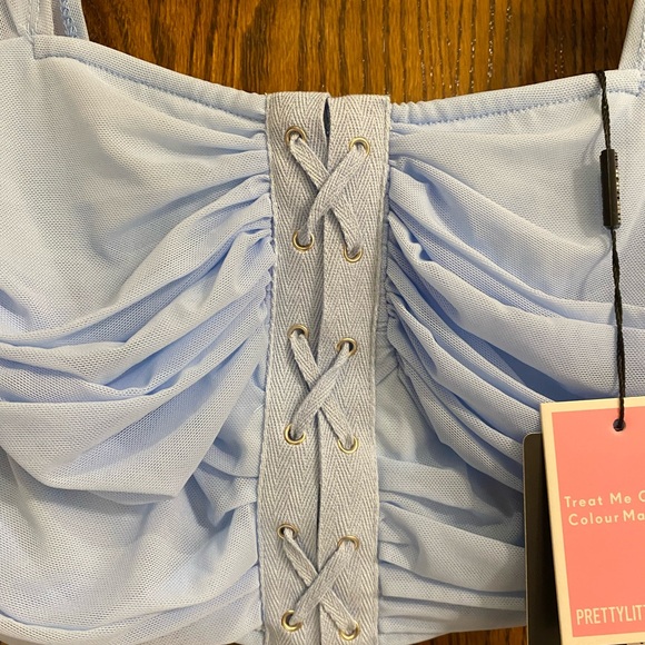 PLT- Light Blue Ruched Lace Up Detail Mesh Crop Top - Picture 5 of 8